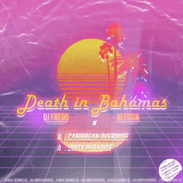 a poster for death in bahamas has a sunset and palm trees on it