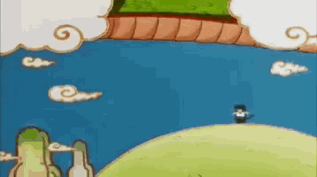 a cartoon of a man standing on top of a hill in front of a body of water
