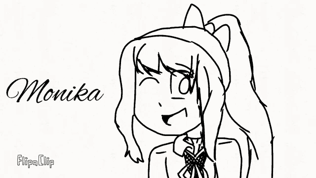 a black and white drawing of a girl with the name monika written on the bottom .