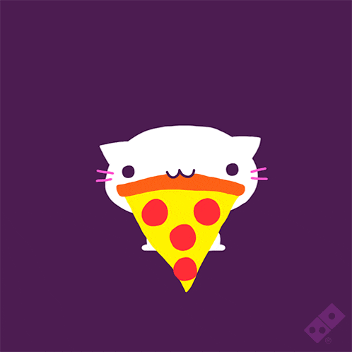 a cat with a slice of pizza in its mouth on a purple background