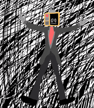 a man in a suit and tie with a television head is standing in front of a black and white pattern .