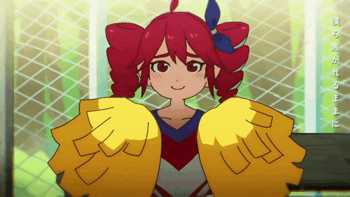 a cartoon cheerleader with red hair and yellow pom poms is smiling