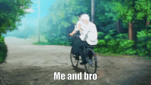 a man in a wheelchair is riding a bicycle with the words me and bro below him