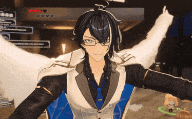 a character in a video game is wearing glasses and has wings on his arms
