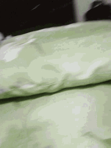 a close up of a person laying on a bed with a green blanket .
