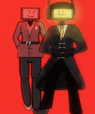 a couple of cartoon characters standing next to each other with one wearing a suit