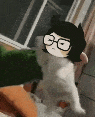 a cartoon character with glasses and a sad face is standing next to a cat