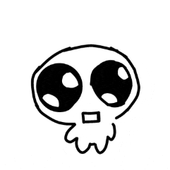 it is a drawing of a skull with big eyes .