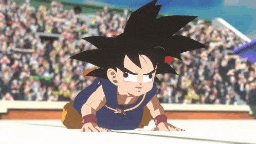a cartoon character named goku is crawling on the floor