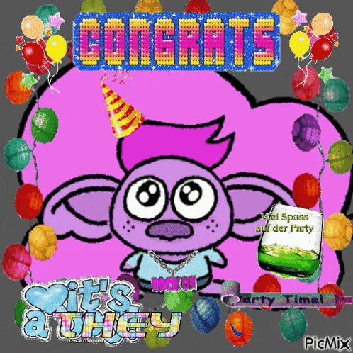 a congratulations card with a troll and balloons