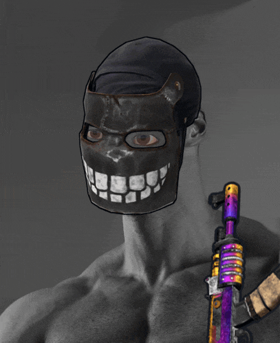 a man without a shirt is wearing a mask and holding a purple gun