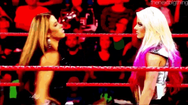a couple of women are standing in a wrestling ring talking to each other .