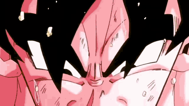 a close up of a cartoon character 's face with a pink background and black eyes .