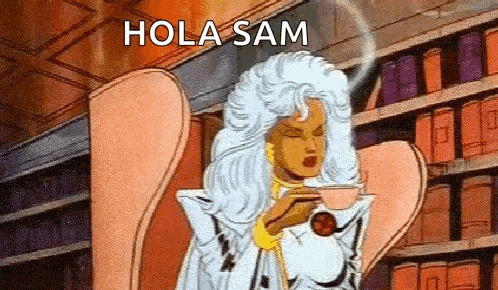 a cartoon of storm drinking a cup of coffee in a chair .