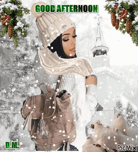 a woman wearing a hat and scarf is standing in the snow with the words good afternoon written above her