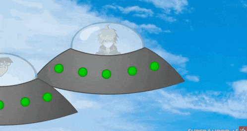 a cartoon drawing of a man in an ufo with green circles