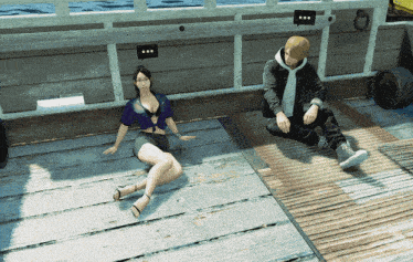 a man and a woman sit on a wooden deck with speech bubbles above their heads