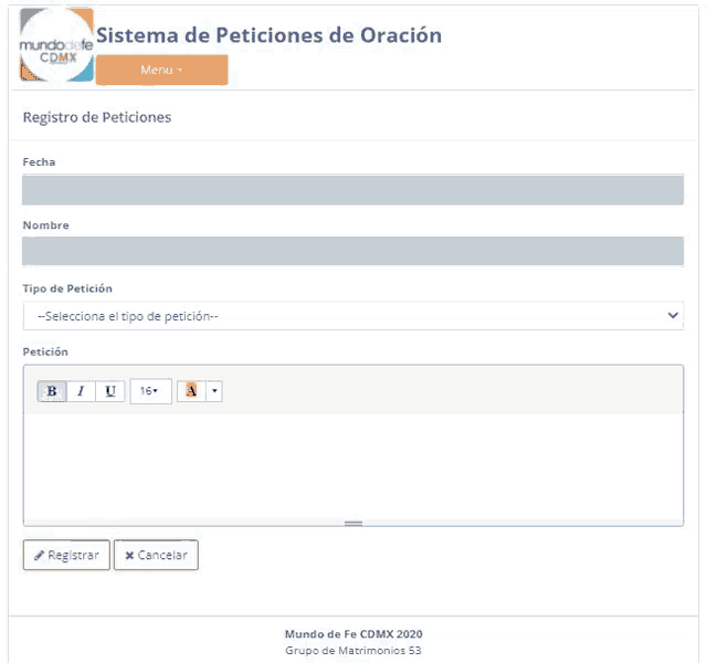 a screenshot of a web page titled sistema de peticiones de oracion