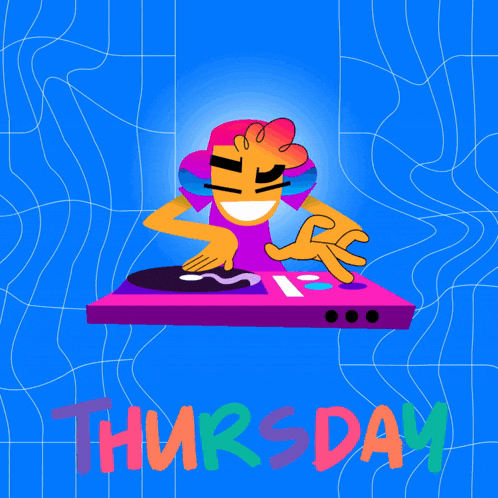 a cartoon illustration of a dj with the word thursday written below him