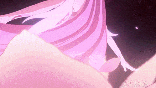 a girl with long pink hair is standing on a purple surface