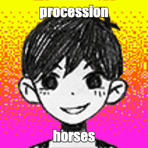 a black and white drawing of a boy with a colorful background and the words procession horses .