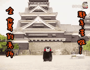 a bear standing in front of a large building with chinese writing