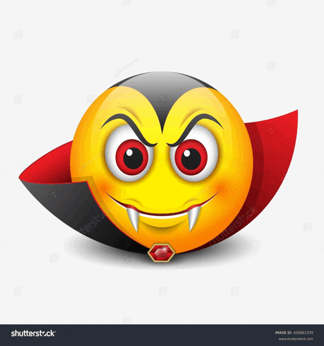 a smiley face dressed as a vampire with fangs