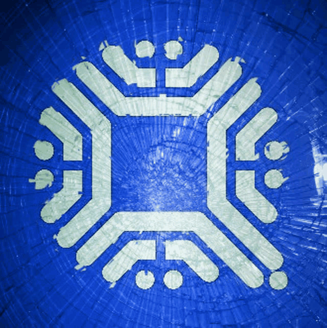 a blue background with a white circle in the center