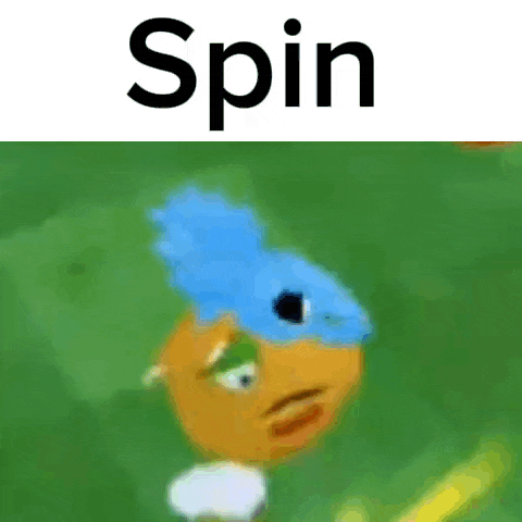 a cartoon character with a blue hat and the word spin on the bottom