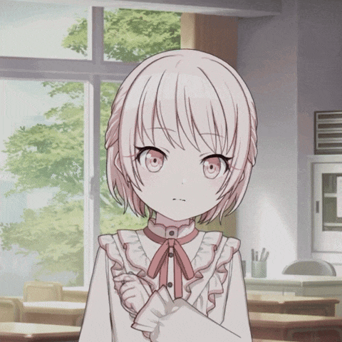 a girl with white hair and red eyes is standing in front of a window in a classroom