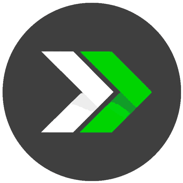 a black circle with a green and white arrow pointing to the right