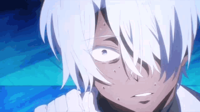 a close up of a anime character with white hair and big eyes .