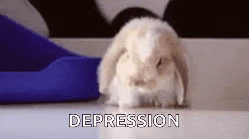 a small white bunny rabbit is sitting on a table with the word depression written on the screen .
