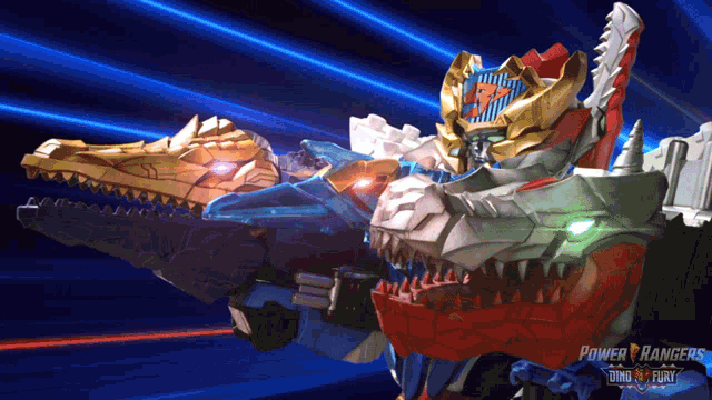 a power rangers toy with a blue and gold dragon on it