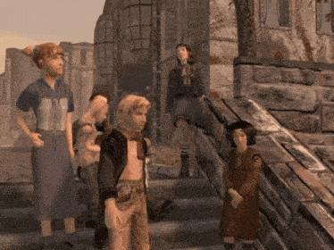 a group of children are standing on a set of steps