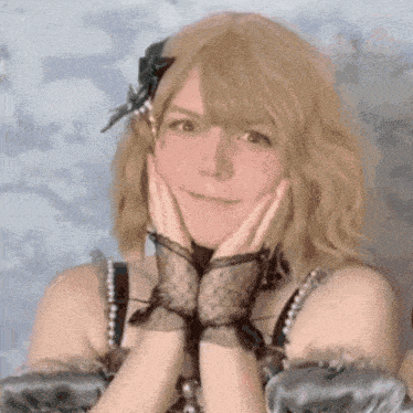 a woman wearing a wig and gloves is making a funny face .