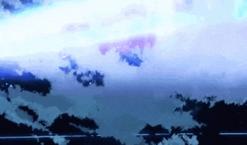 a painting of a blue sky with clouds and a lightning bolt .