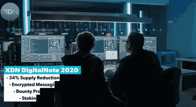 two men are sitting in front of computer monitors with xdn digitalnote 2020 on the bottom