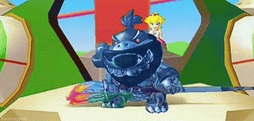 a cartoon princess peach is standing next to a monster in a video game .