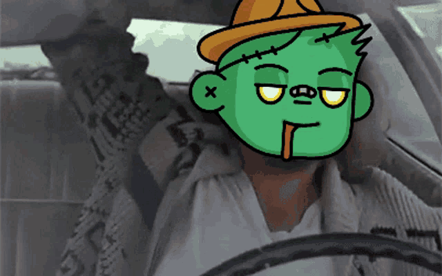 a cartoon of a zombie driving a car with a x on his forehead