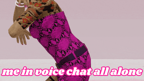 a woman in a pink dress with the words me in voice chat all alone below her