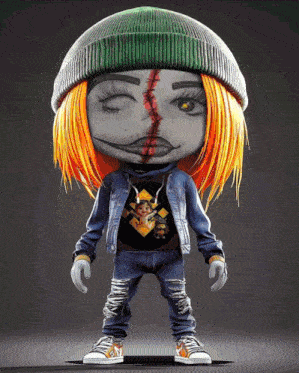 a cartoon character wearing a green beanie and a denim jacket