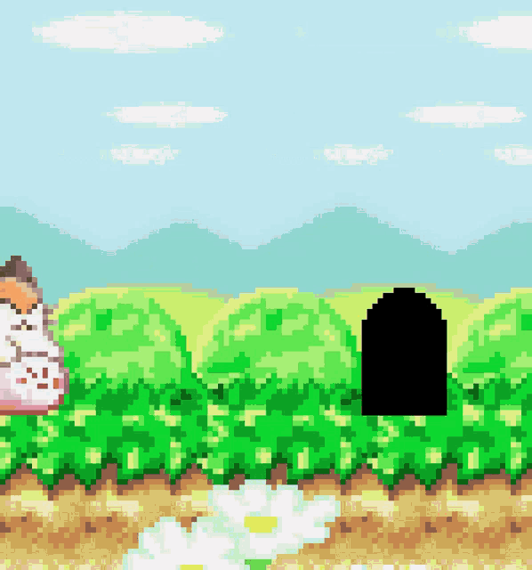 a pixel art scene with a black circle in the middle of it