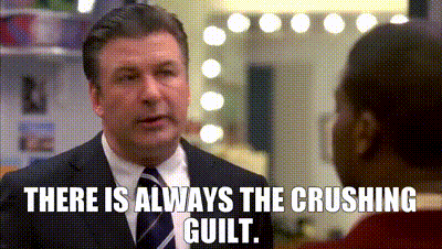a man in a suit and tie is talking to another man with the words there is always the crushing guilt .
