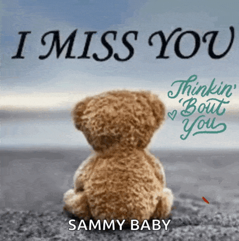 a teddy bear sits on the beach with the words " i miss you "