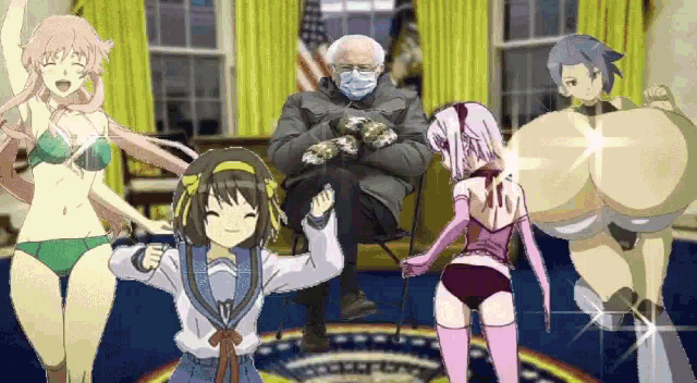 a group of anime girls are dancing in front of a man wearing a mask .