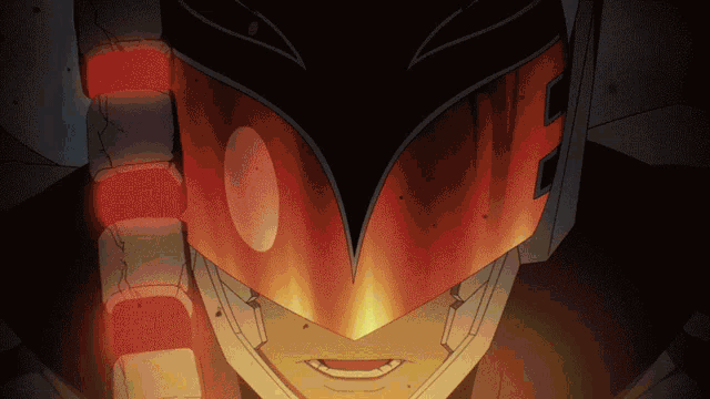 a close up of a robot 's face with a red light behind it