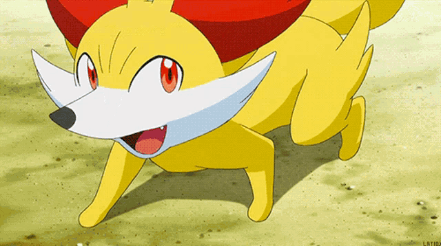 a picture of a yellow fox with red eyes and a white nose