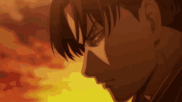 a close up of a man 's face with a yellow sky in the background