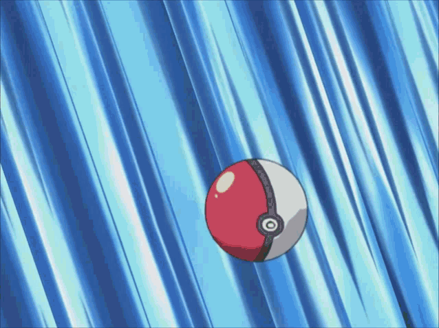 a red and white pokemon ball is flying through the air on a blue background